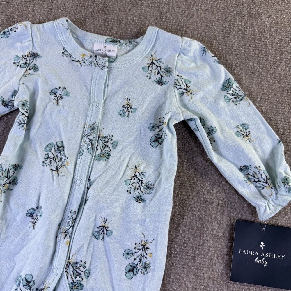 Laura Ashley Baby Sleep and Play Blue Floral Footed Romper Sz 0-3 Months